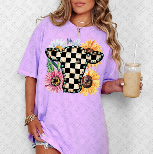 Checkered Cow with flowers Western