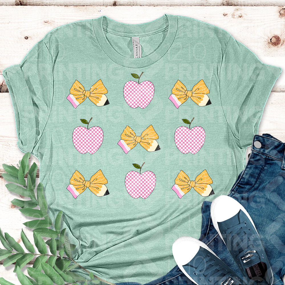 Apple With Pencil Bow Pattern DTF