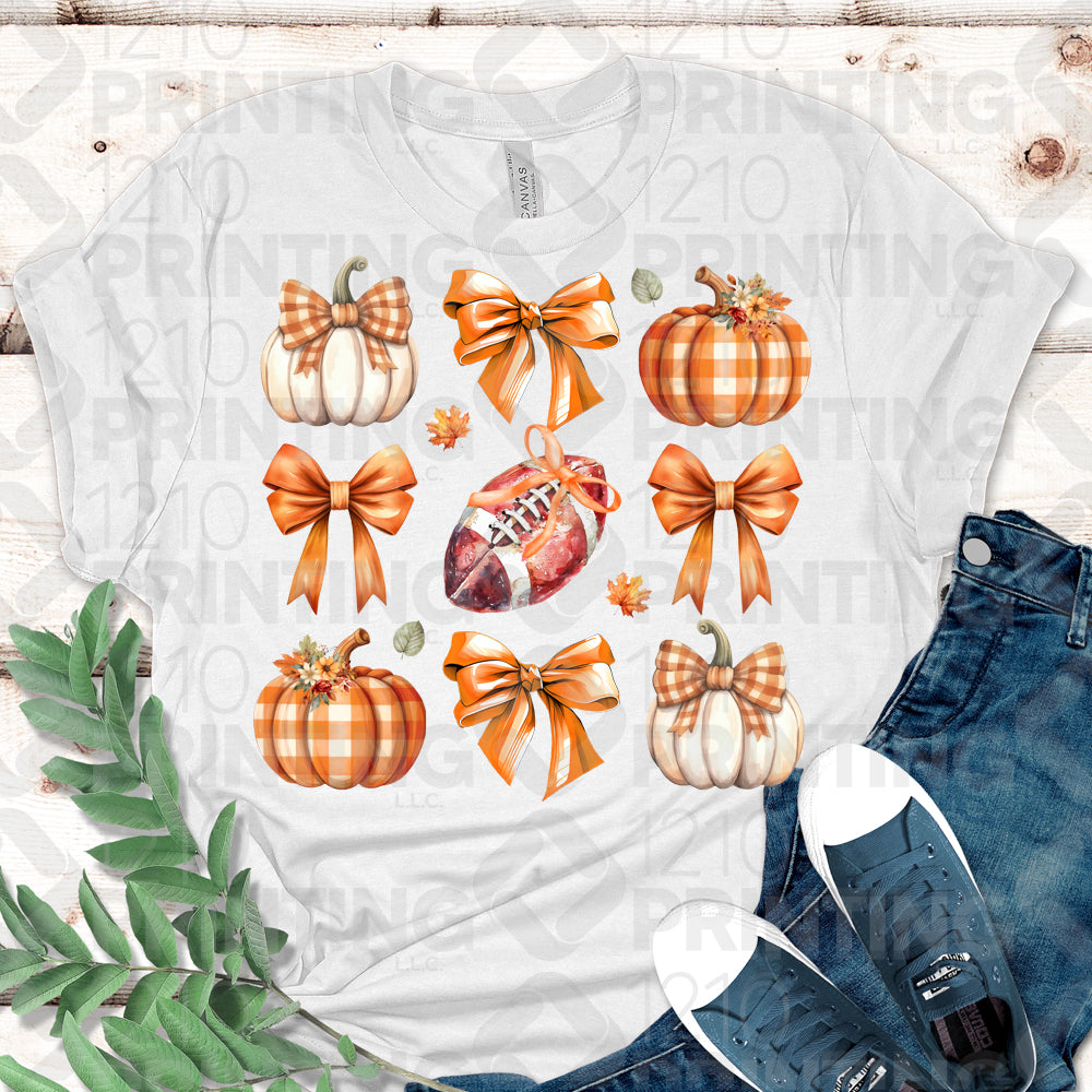 Pumpkin, Bows, And Football Pattern DTF